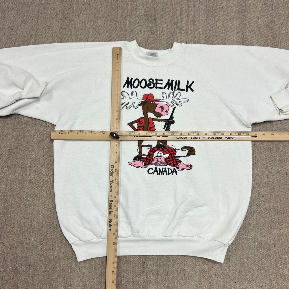 Vintage Moose Milk Sweatshirt Mens XL White 1990s Canada Cartoon Funny Comic - Picture 9 of 12